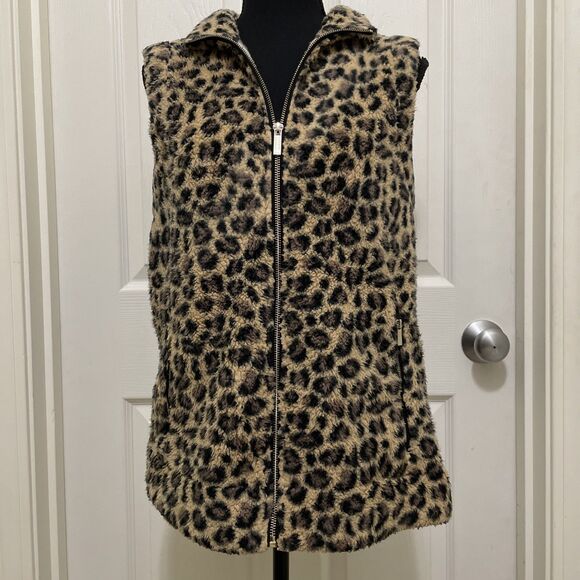 CALVIN KLEIN Sherpa Faux Fur‎ Vest Leopard Print Pockets Full Zip Women's Small - Picture 1 of 9